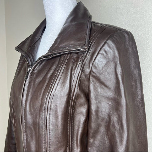 Jones New York Brown Fitted Full Zip Soft Genuine Leather Jacket Sz M - Picture 4 of 12